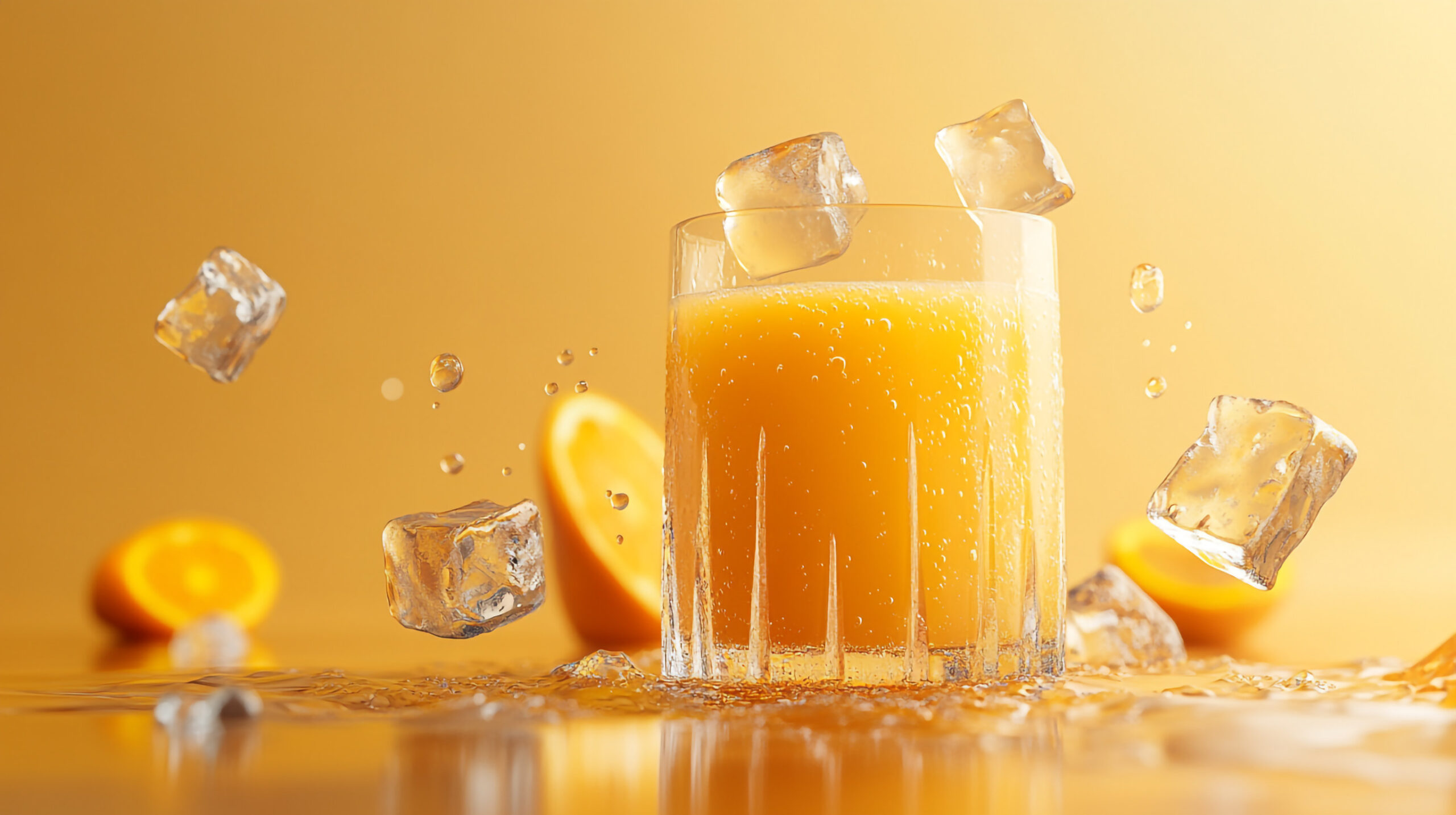 Glass of fresh orange juice with ice cubes