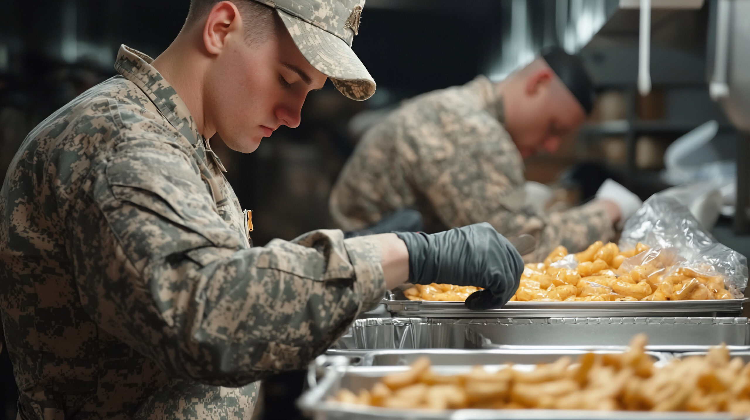 Two soldiers in camouflage uniforms and black gloves prepare food in a kitchen setting, arranging golden fries on trays for a large-scale catering event.