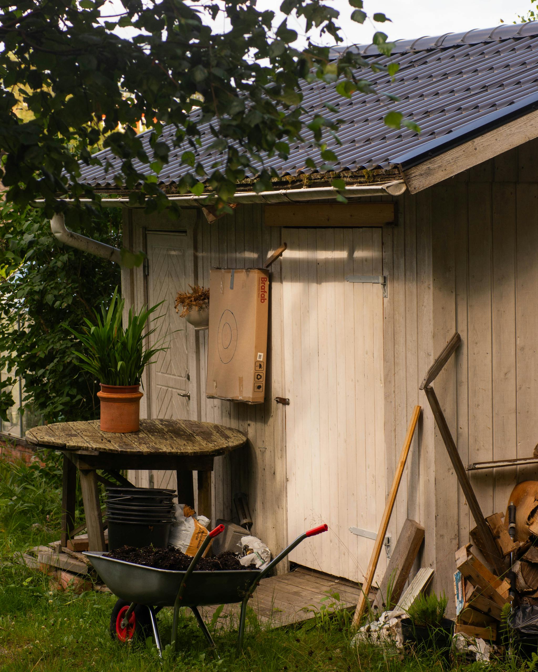 A quaint garden shed with assorted gardening tools and lush greenery, perfect for outdoor projects.