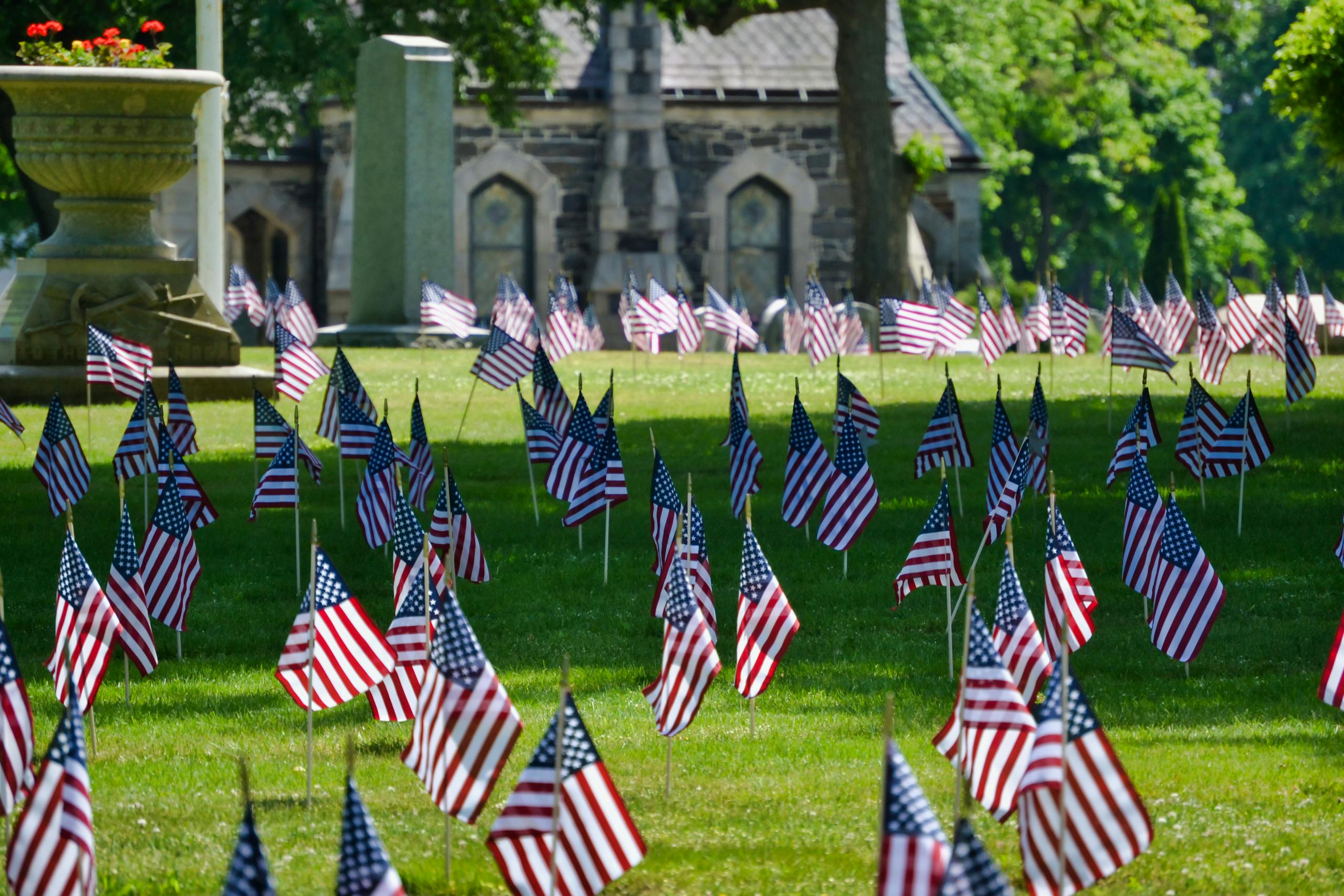 Rows of American flags displayed on a sunny lawn in Boston, USA, symbolizing patriotism.