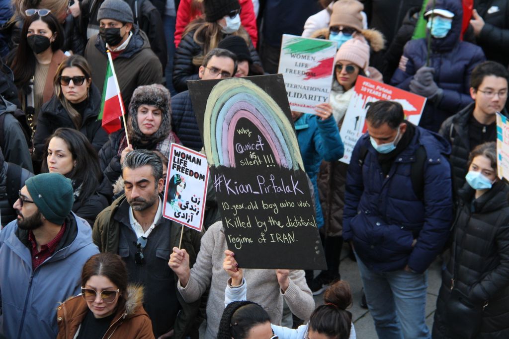 A protest in Vancouver advocating for women's rights and freedom in Iran.