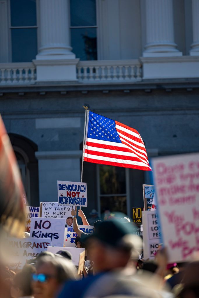 Protest scene in Sacramento with American flag and varied signs advocating democracy.