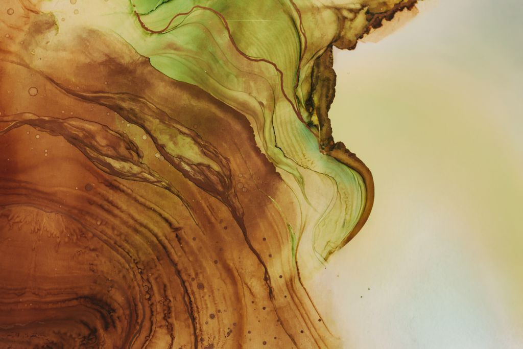 Abstract art with flowing earth tones and green highlights, resembling a natural landscape.