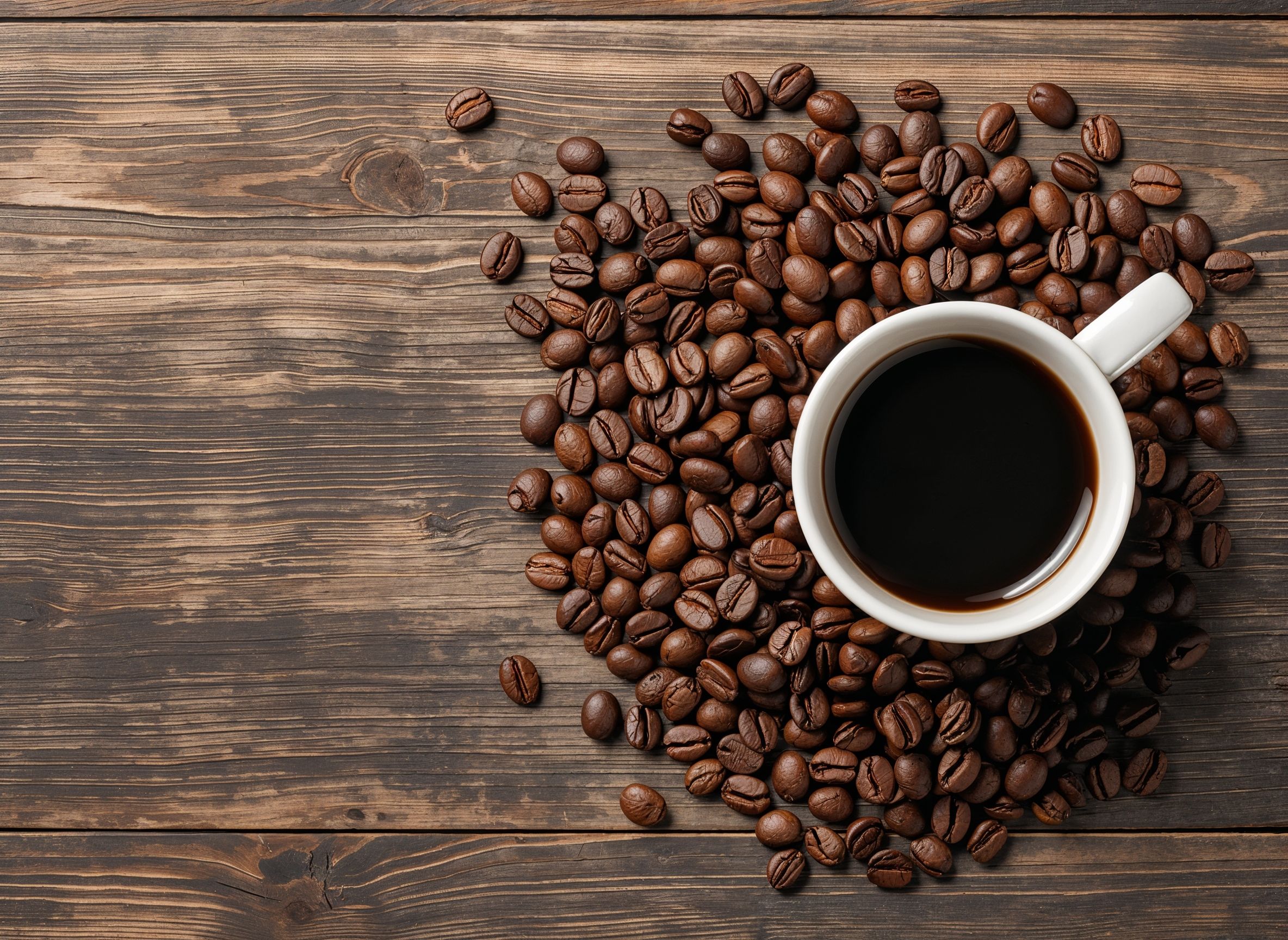 Aerial view of a coffee cup surrounded by roasted beans on wood.
