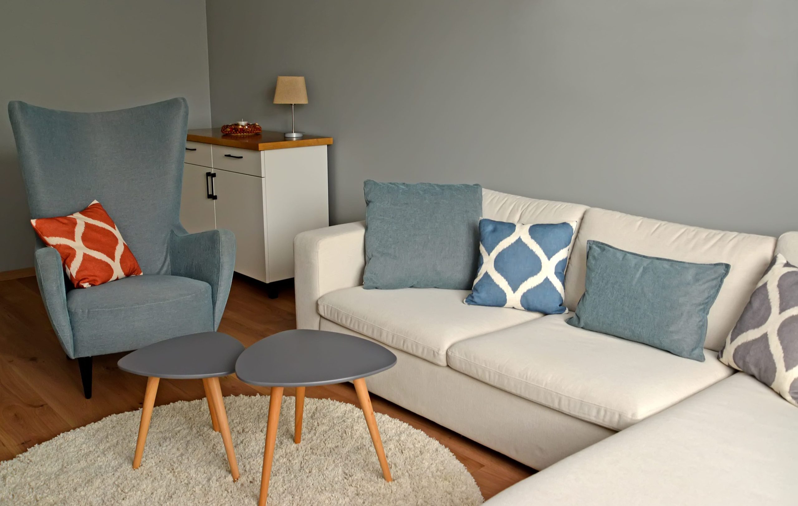 Upholstered furniture in a living room interior. Scandinavian style