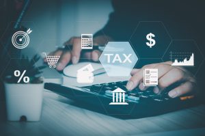Man hand calculator virtual icon business tax. Business finance investment and tax online. Technology concept on the Internet.