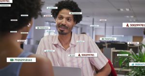 Image of financial data processing over diverse business people in office. Global business, finances, computing and data processing concept digitally generated image.