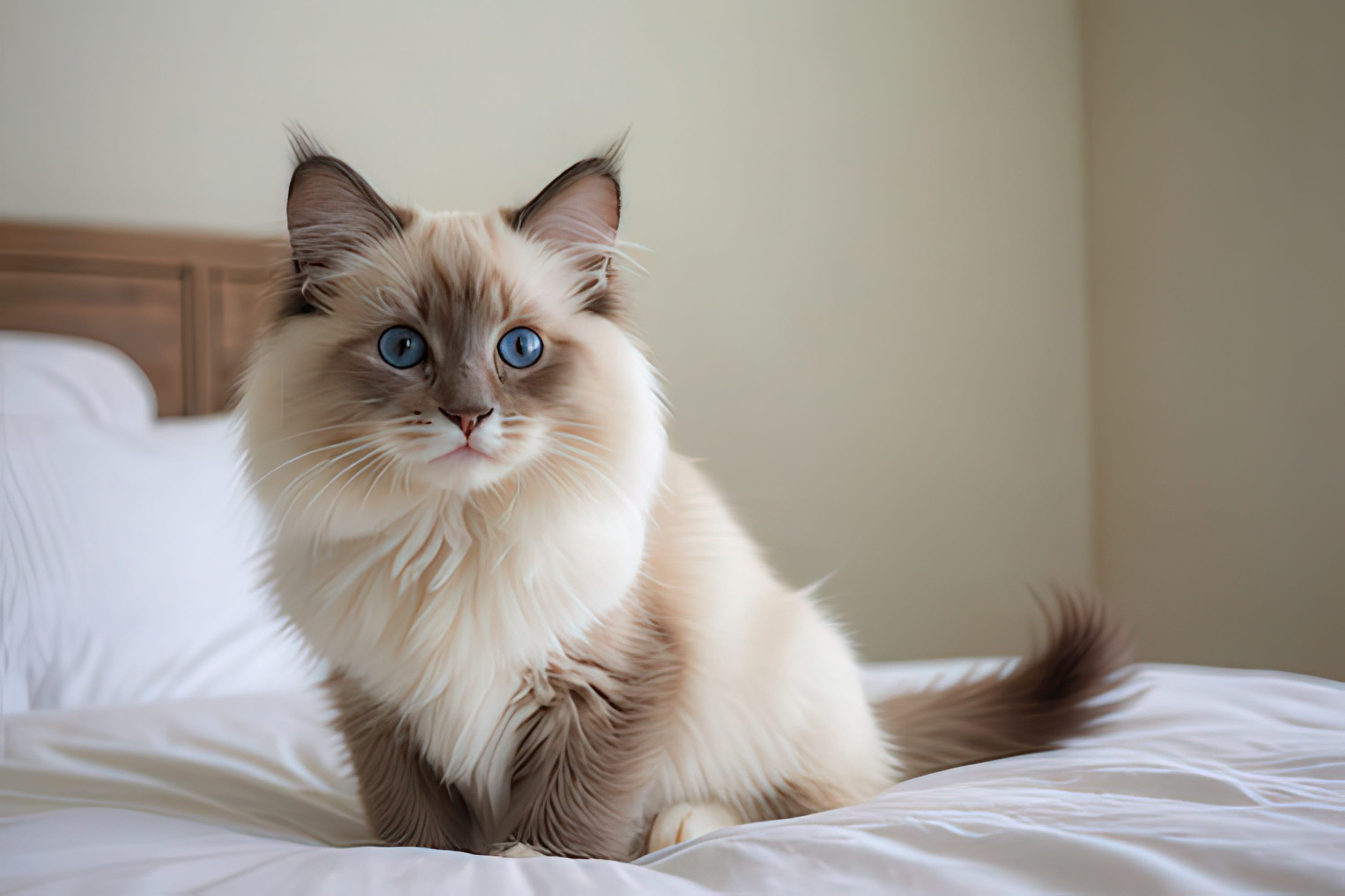 Ragdoll cat with blue eyes sitting on the bed.