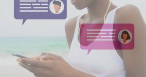 Person using smartphone with chat message images over beach background. Technology, communication, networking, texting, social media, innovation
