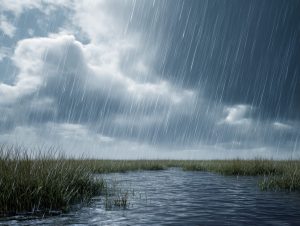 A serene river scene beneath brooding clouds, as heavy rain cascades over lush grass, creating a moody yet calming natural atmosphere.