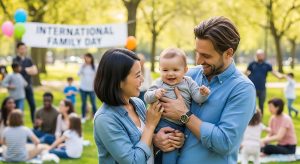 Happy family with baby in park. Mother, father and son having fun together.