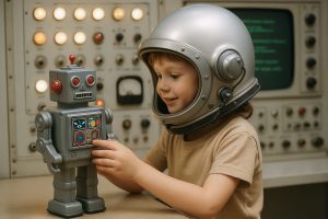 Young boy playing with retro toy robot wearing vintage space helmet. concept of childhood imagination, retro futurism, space exploration.