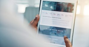 Business person, hands or screen of tablet for