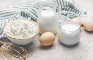 Cottage cheese, milk, yogurt, and eggs providing protein for a nutritious meal