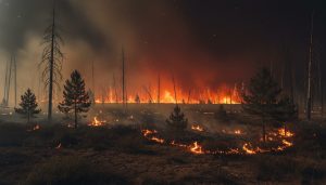 Atmospheric night scenes featuring vibrant bonfires and celebratory fireworks in a natural forest setting.