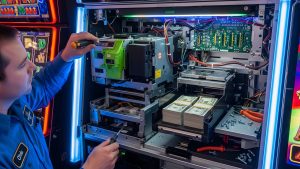 A maintenance worker uses a screwdriver to service the internal cash handling unit of a slot...