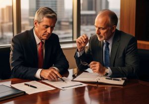 Two mature businessmen working together in a modern office. Men wearing suits.