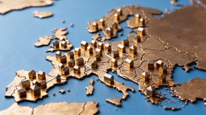 World map with gold bars on blue background. 3d rendering.