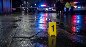 A yellow police evidence number marker stands on a dark, wet asphalt city street at night with blurry emergency vehicle lights in the background