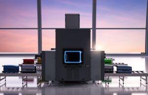 3d rendering airport security checkpoint with scanner machines are scanning luggages