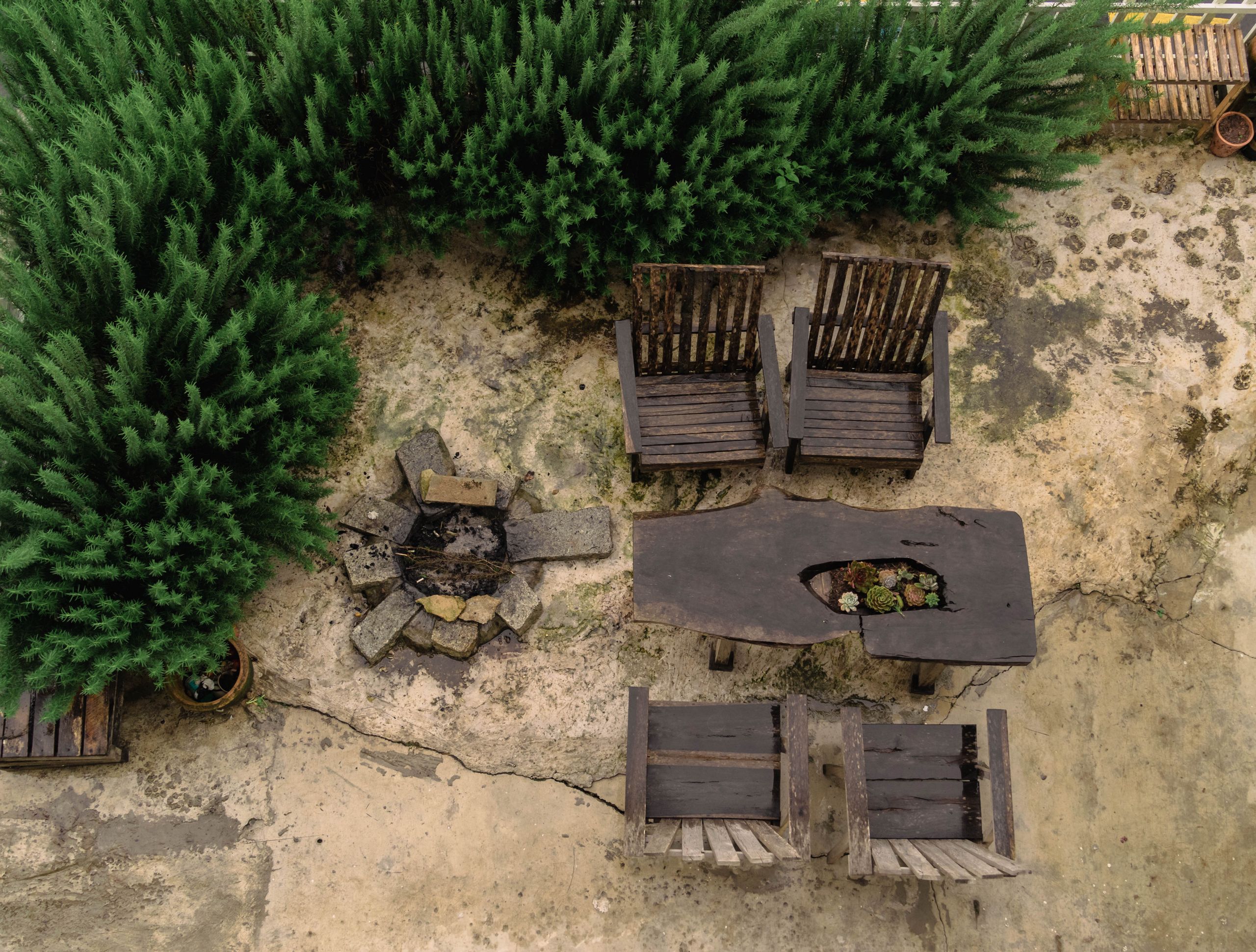 A charming rustic outdoor seating area with wooden chairs, stone fire ring, and lush greenery.
