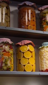 A vibrant display of pickled fruits and vegetables in jars on a shelf in Konya, Türkiye.