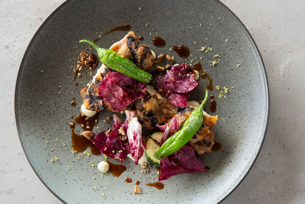 Artisan grilled dish topped with shishito peppers and radicchio, elegantly plated in a Tokyo restaurant.