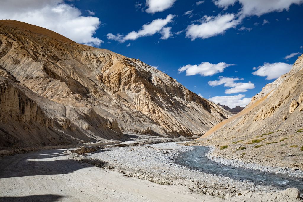 Stunning landscape of a flowing river amidst rugged mountains in Ladakh, India.